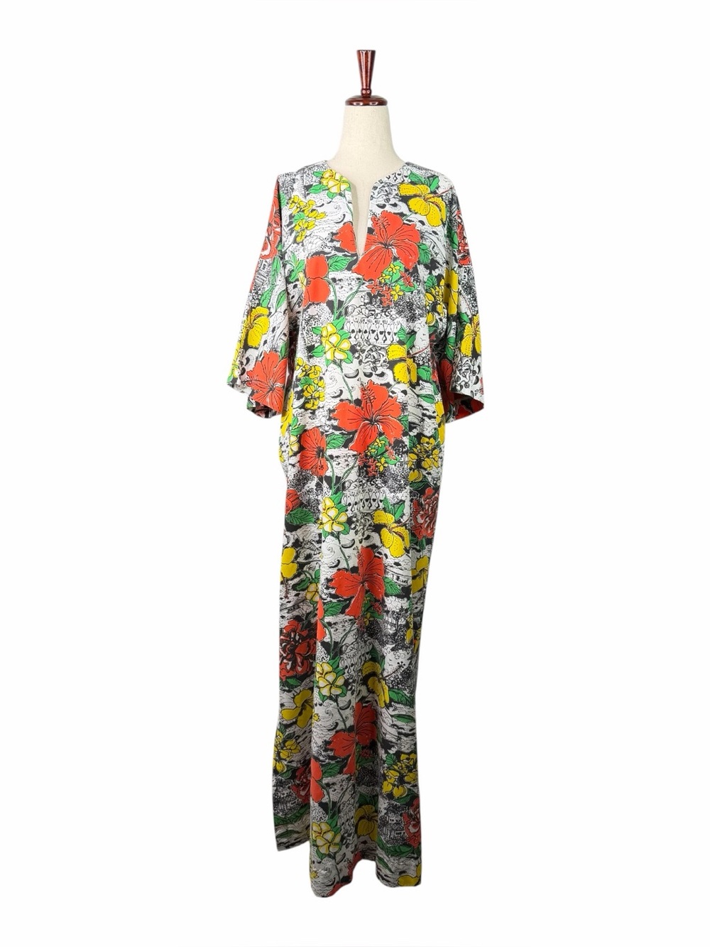 Key West Hand Print Fashions Vintage V-Neck Floral Caftan Hawaiian Maxi Dress OS